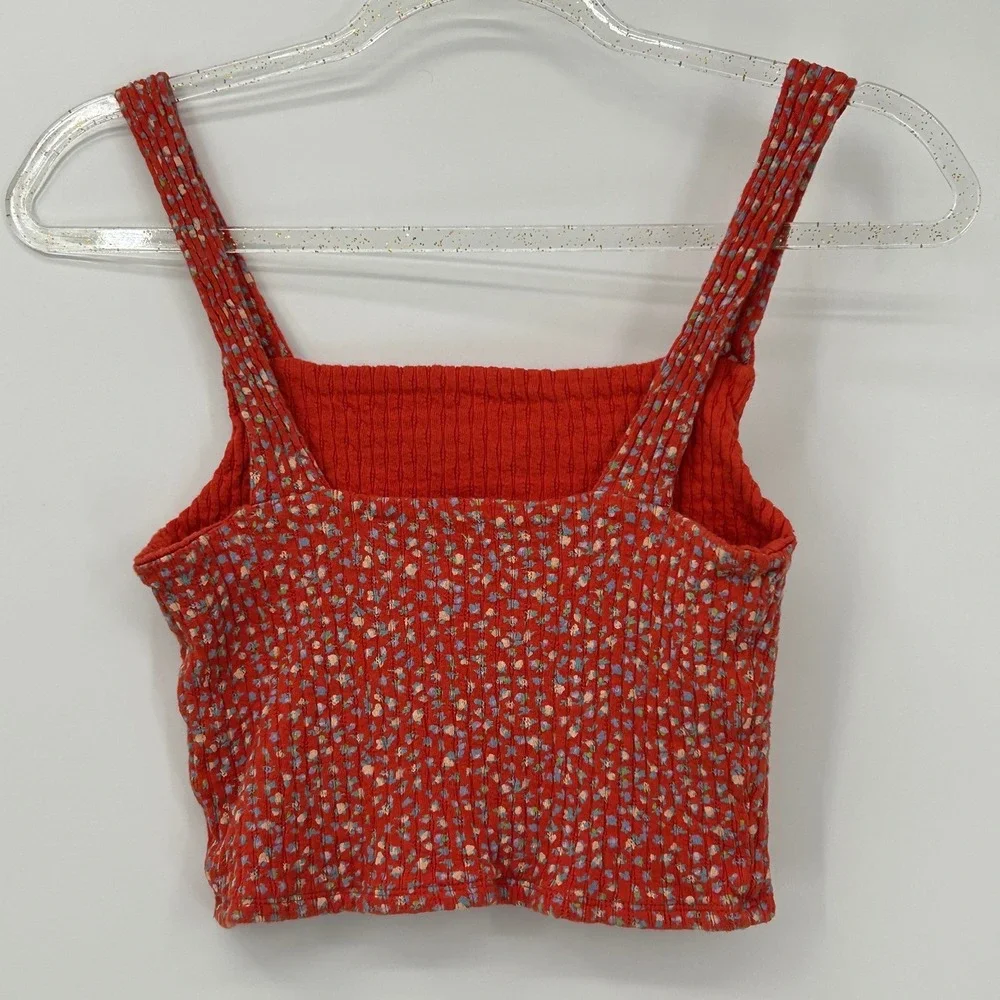 American Eagle Red Floral Ditsy Crop Top Small Square Neck Pointelle Cotton Cami - Picture 4 of 7